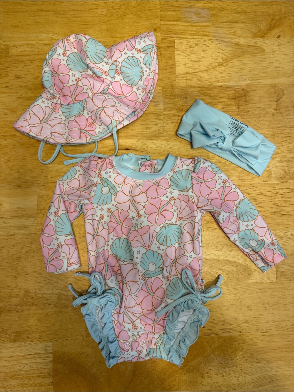 Caden Lane Pink & Blue Seashell Floral Long-Sleeve One-Piece Swim set 3-6 months